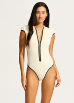 Beach Bound Cap Sleeve Zip Front One Piece - Ecru
