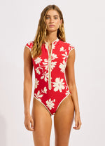Mayflower Cap Sleeve Zip Front One Piece Swimsuit